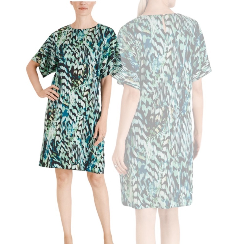NWOT Chico’s size 2 (12) Feather-Print Satin Shift Dress STYLE: 570307253.